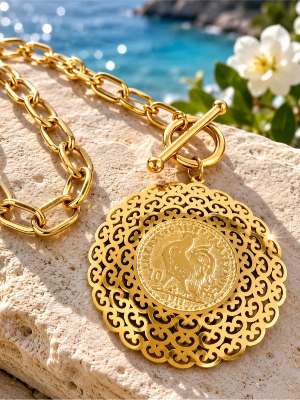 Gold tone Rooster carved Medallion Necklace
